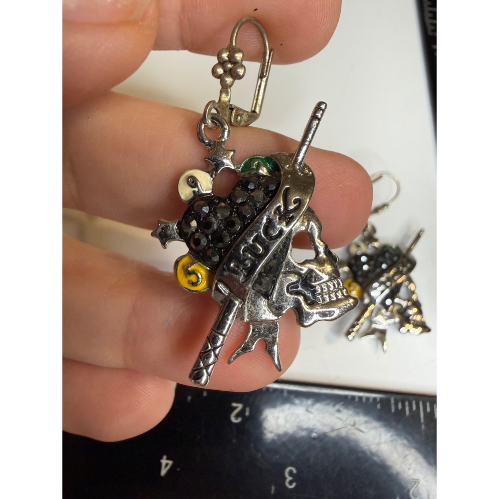 Ed Hardy Christian Audigier Lucky Skull Heart Sword Leverback Drop Earrings